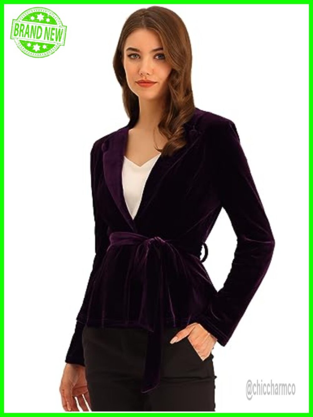 Velvet Belted Blazer Jacket Long Sleeve Lapel Collar Work Office